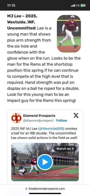 Thank you <a href="/diamondprospect/">Diamond Prospects</a> for the write up, really appreciate all the support. Great day yesterday!@WestsideBSB <a href="/RAM_performance/">Westside Athletic Performance</a> <a href="/dweathers13/">David Weathers</a>