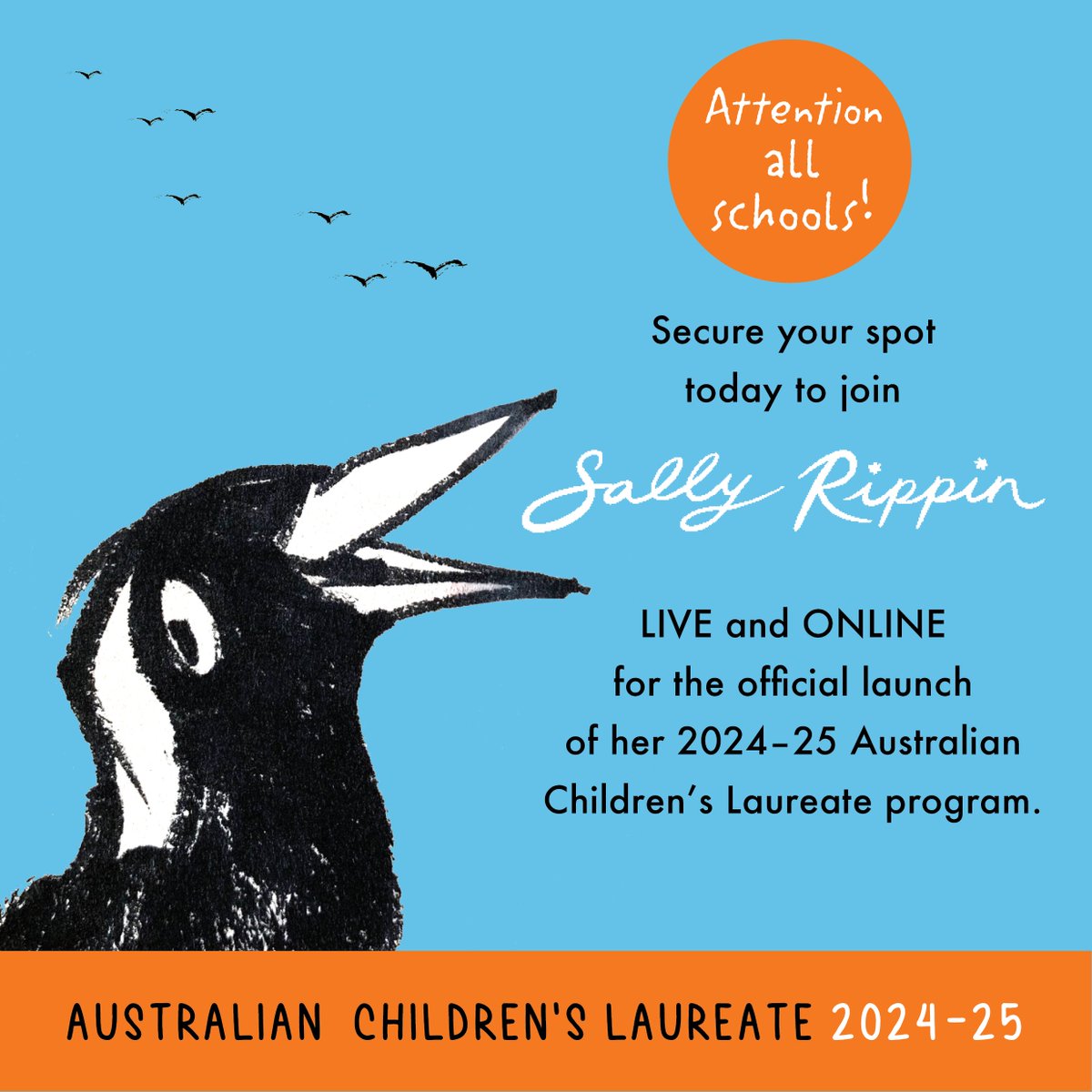 Ozlaureate's tweet image. ⭐️ATTENTION SCHOOLS
Sign up today to join new Australian Children's Laureate Sally Rippin for her official program launch.

It's FREE ... LIVE... and ONLINE
➡️Tuesday, 20 February 2024
➡️11–11.45am AEDT

REGISTER  ➡️wheelercentre.typeform.com/to/LsvRRM5A
@aslanational @PETAAConnect #sallyrippin
