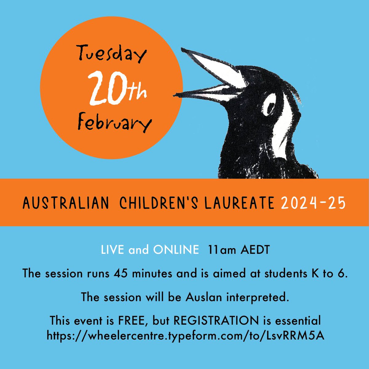 ⭐️ATTENTION SCHOOLS
Sign up today to join new Australian Children's Laureate Sally Rippin for her official program launch.

It's FREE ... LIVE... and ONLINE
➡️Tuesday, 20 February 2024
➡️11–11.45am AEDT

REGISTER  ➡️wheelercentre.typeform.com/to/LsvRRM5A
<a href="/aslanational/">ASLA</a> <a href="/PETAAConnect/">PETAA</a> #sallyrippin