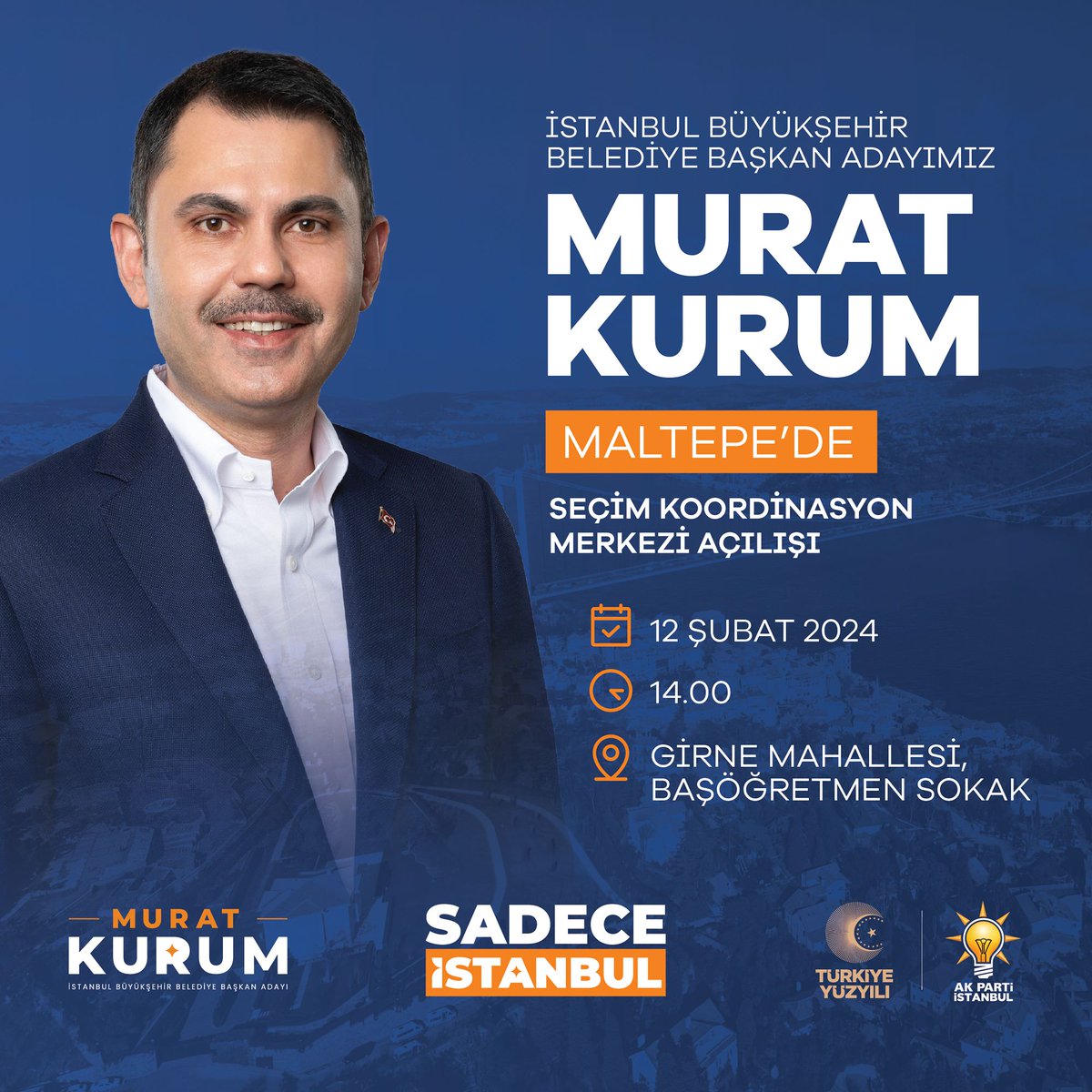 İstanbul'un Muradı Murat Kurum Maltepeliler ile buluşuyor 🎉

Bugün saat 14.00'da İstanbul Büyükşehir Belediye Başkan Adayımız Sn. Murat Kurum Girne Mahallesi Başöğretmen Sokak’ta Seçim Koordinasyon Merkezimizin  açılışına katılacak.

Tüm Maltepeli vatandaşlarımızı bekliyoruz ❤️