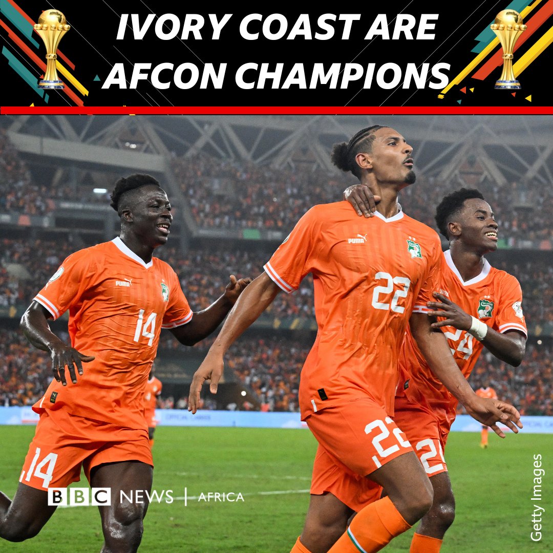 IVORY COAST HAVE DONE IT! 🇨🇮🏆 The Elephants have beaten the Super Eagles of Nigeria 2-1 thanks to goals from Kessié and Haller. It’s the third time Ivory Coast have won Afcon. There will be some celebrations in Abidjan tonight! #Afcon #Afcon2023 #AfconFinal