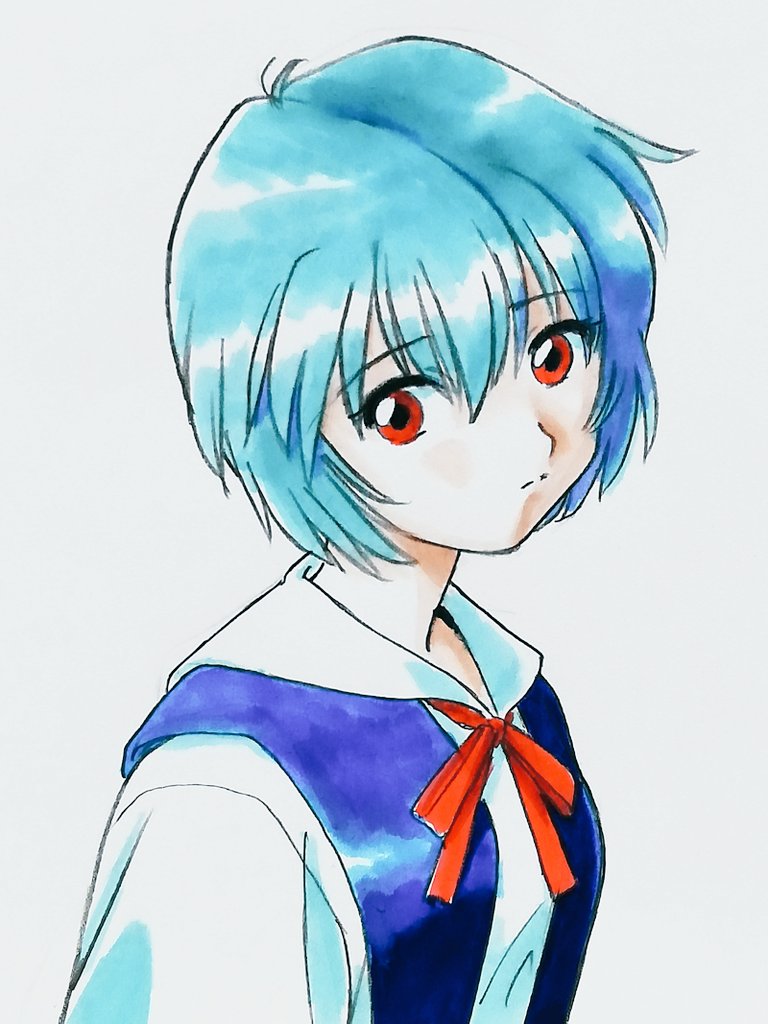 ayanami rei 1girl solo red eyes blue hair short hair school uniform white background  illustration images