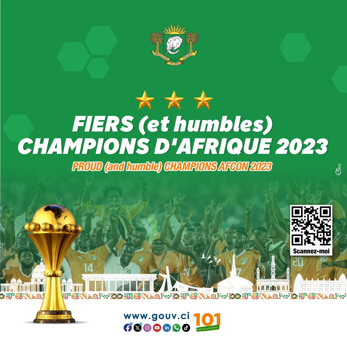 Gouvciofficiel's tweet photo. #CAN2023 | Fière et humble. La Côte d'Ivoire est championne d'Afrique de la CAN 2023 ! 

#CICG #GouvCI https://t.co/91jdVbhfjR