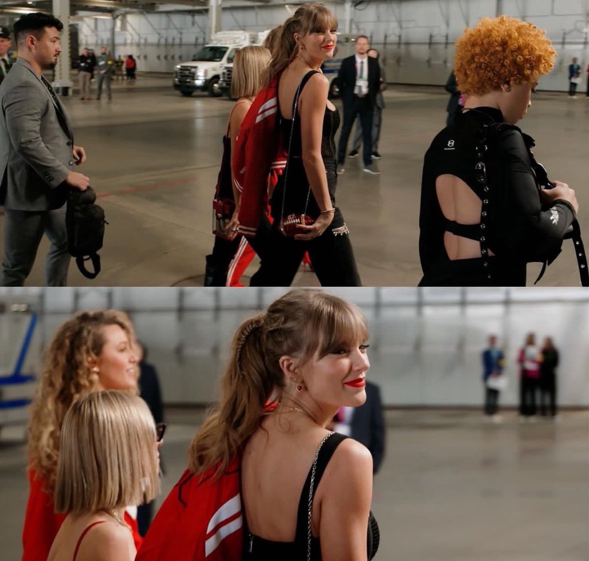 SwiftNYC's tweet photo. 🔥 | HQ of Taylor Swift arriving to the #SuperBowlLVIII wearing an 87 necklace AND an 87 football shaped purse! Her outfit is EVERYTHING. 🫶🫡 #Chiefs https://t.co/E1eQWz1uY1