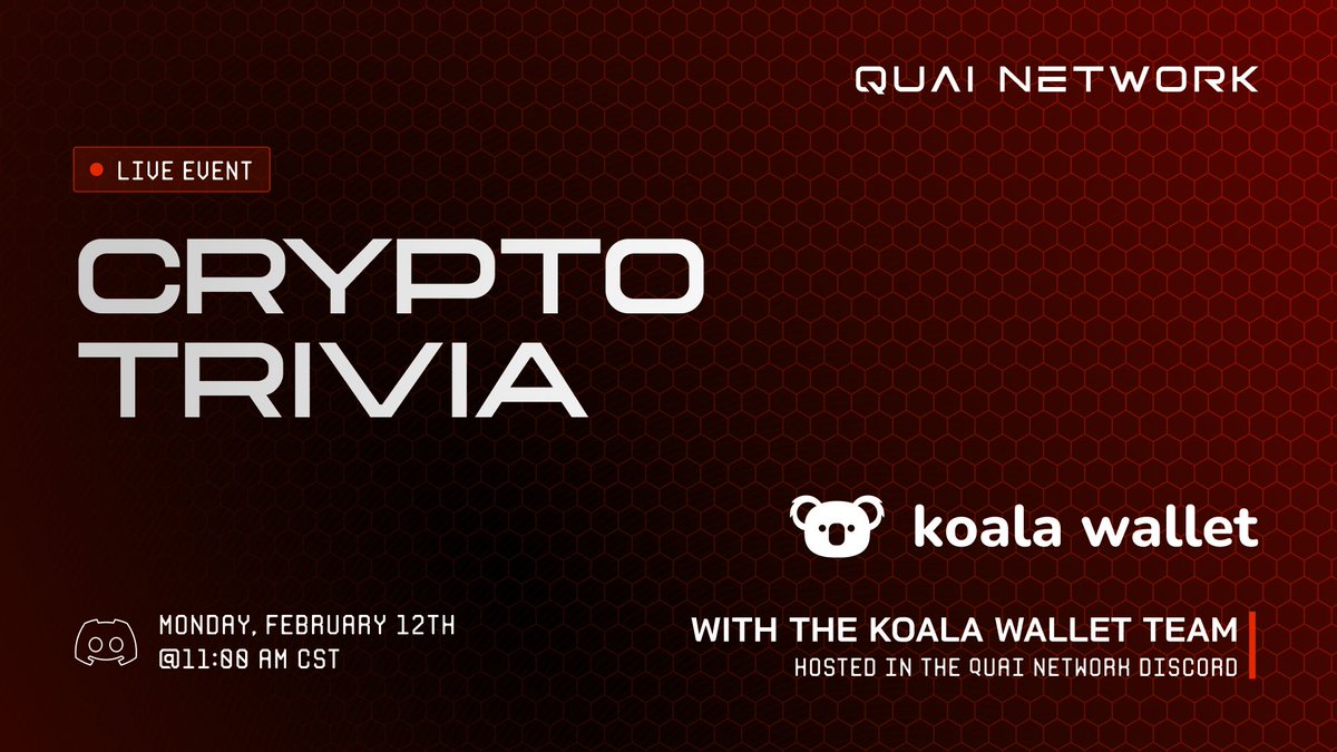 QuaiNetwork's tweet photo. The first @KoalaWallet x @QuaiNetwork Crypto Trivia Session is happening tomorrow in the Quai Discord!

Join the Quai Discord at the link in bio 🔗 to take part in the trivia competition, with Quai Discord XP and both Quai and @KoalaWallet merch up for grabs! https://t.co/AuhxmUmmeT