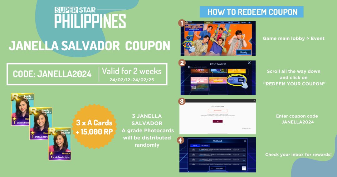 Great News for <a href="/superjanella/">Janella Salvador</a> fans! Unlock exclusive in-game items with our limited-time coupon giveaway! 🎁Redeem your Janella Salvador coupon now to unlock all the Janella goodies! 📷😉  
#SUPERSTARPH #SUPERSTAR_PHILIPPINES #SSPH #JanellaSalvador