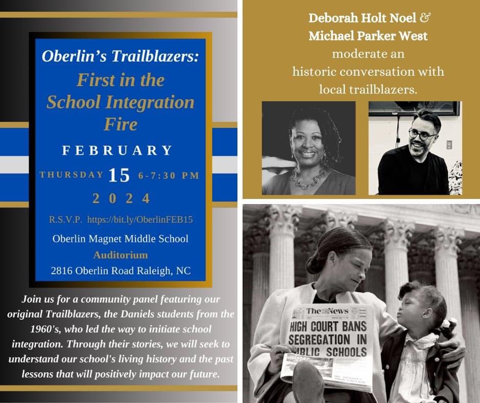 Join us for this incredible opportunity to learn from our “original Trailblazers.” Moderated by @mikeaustinwest & Deborah Holt Noel, with performances by @OberlinBand Jazz Band, @OberlinChorus, and dance ensemble! See you Thursday! @wcpssmagnets @WCPSSEquity