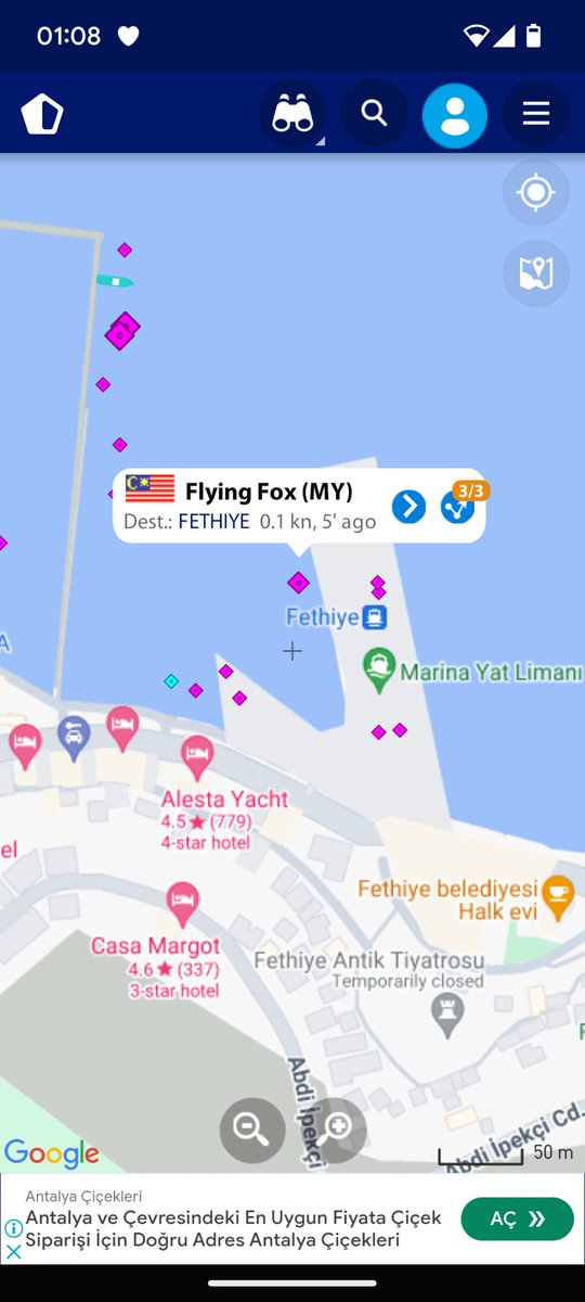 lacin_mirza's tweet image. Dünyanın en büyük 14. yatı Amazon'un kurucusu Jeff Bezos'un  #FlyingFox' yatı,  yakıt ve kumanya alma işlemlerini tamamlaması sonrası salı günü Fethiye'den ayrılacak​​​​​​. 
 #FlyingFox', Almanya'da 2016 yılında inşa edilmiş ve 136 metre uzunluğunda, 22,5 metre genişliğinde.