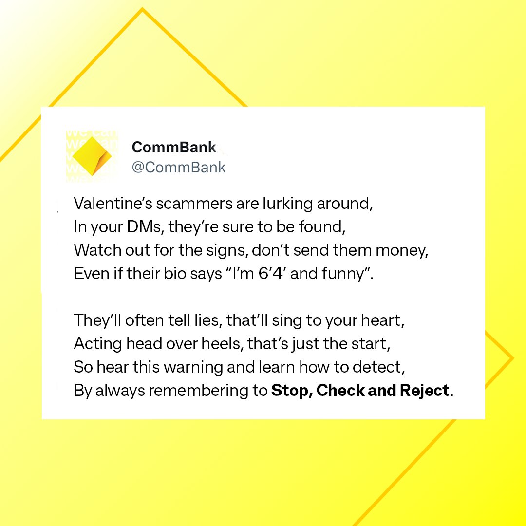 Avoid an empty wallet and broken heart 💔 this #ValentinesDay with these helpful romance scam tips. Find out more here: commbank.com.au/support/securi…