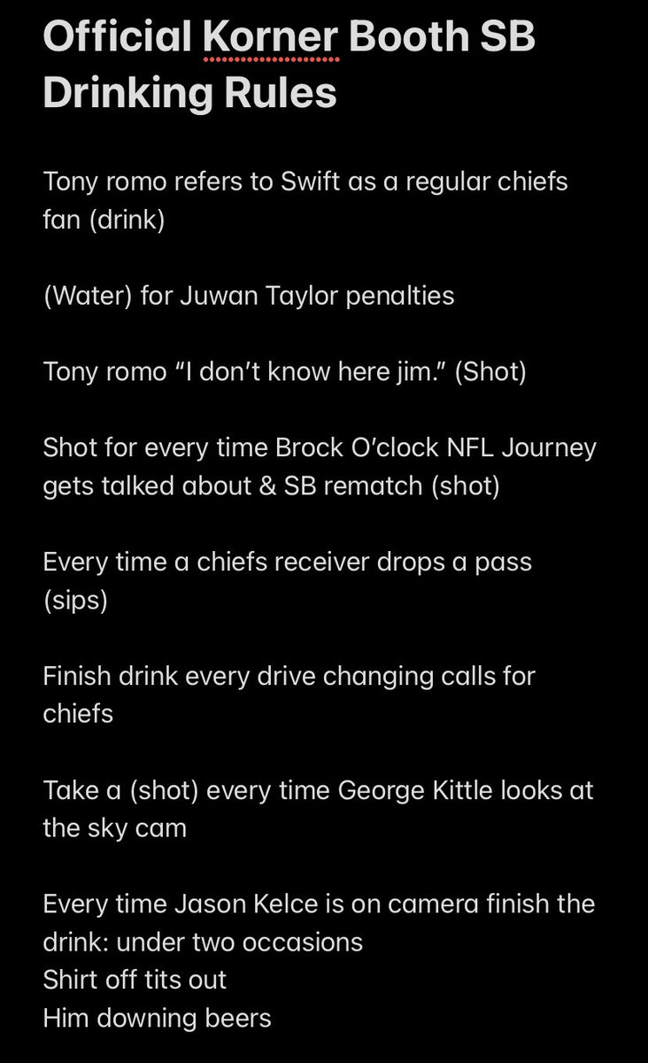 Official Korner Booth SB Drinking Rules!!! #SuperBowl #NFLPlayoffs #ChiefsKingdom  #NinerGang #Mahomes #Kelce #Swifties #SwiftBowl