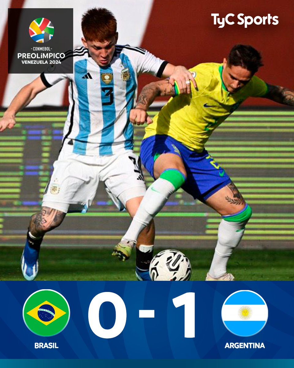 TyCSports's tweet photo. 🏅🇦🇷 LA ALBICELESTE VENCIÓ A LA VERDEAMARELA Y CLASIFICÓ A LOS JUEGOS OLÍMPICOS 

Por la última fecha de la fase final del #Preolímpico, la Selección Argentina derrotó por 1-0 a Brasil. Gondou, de cabeza, anotó el único gol del encuentro.
Con este resultado, los dirigidos por Mascherano terminaron el torneo con 5 puntos, asegurando su lugar en los Juegos Olímpicos de Paris 2024. 

📸 @CONMEBOL