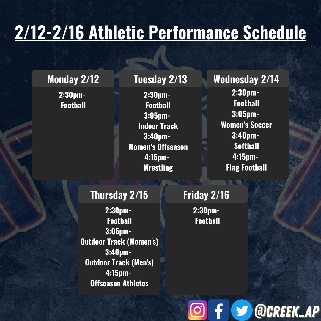 Creek_AP's tweet photo. 2/12-2/16 @creek_ap after school training schedule.
@MCHS_Mavericks @mallardcreekhs
#ll65π https://t.co/bmg91szDUG