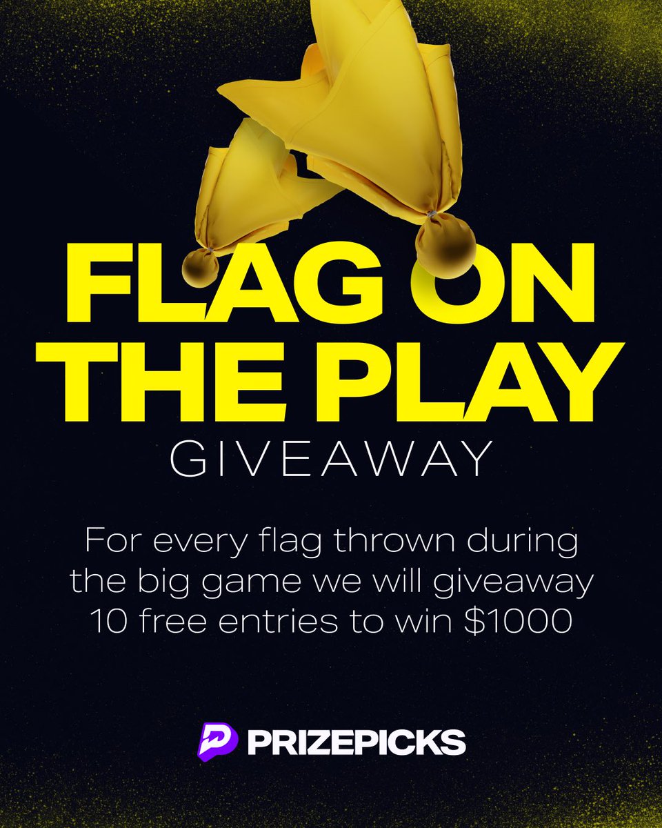 PrizePicks (@prizepicks) on Twitter photo For every FLAG thrown during the #SBLVIII… we will giveaway 10 free entries to win $1,000 🤑
To Enter:
🏈 Follow <a href="/PrizePicks/">PrizePicks</a>
🏈 Like + RT
🏈 Tag 2 DFS players with #PrizePicks For every FLAG thrown during the #SBLVIII… we will giveaway 10 free entries to win $1,000 🤑
To Enter:
🏈 Follow <a href="/PrizePicks/">PrizePicks</a>
🏈 Like + RT
🏈 Tag 2 DFS players with #PrizePicks
