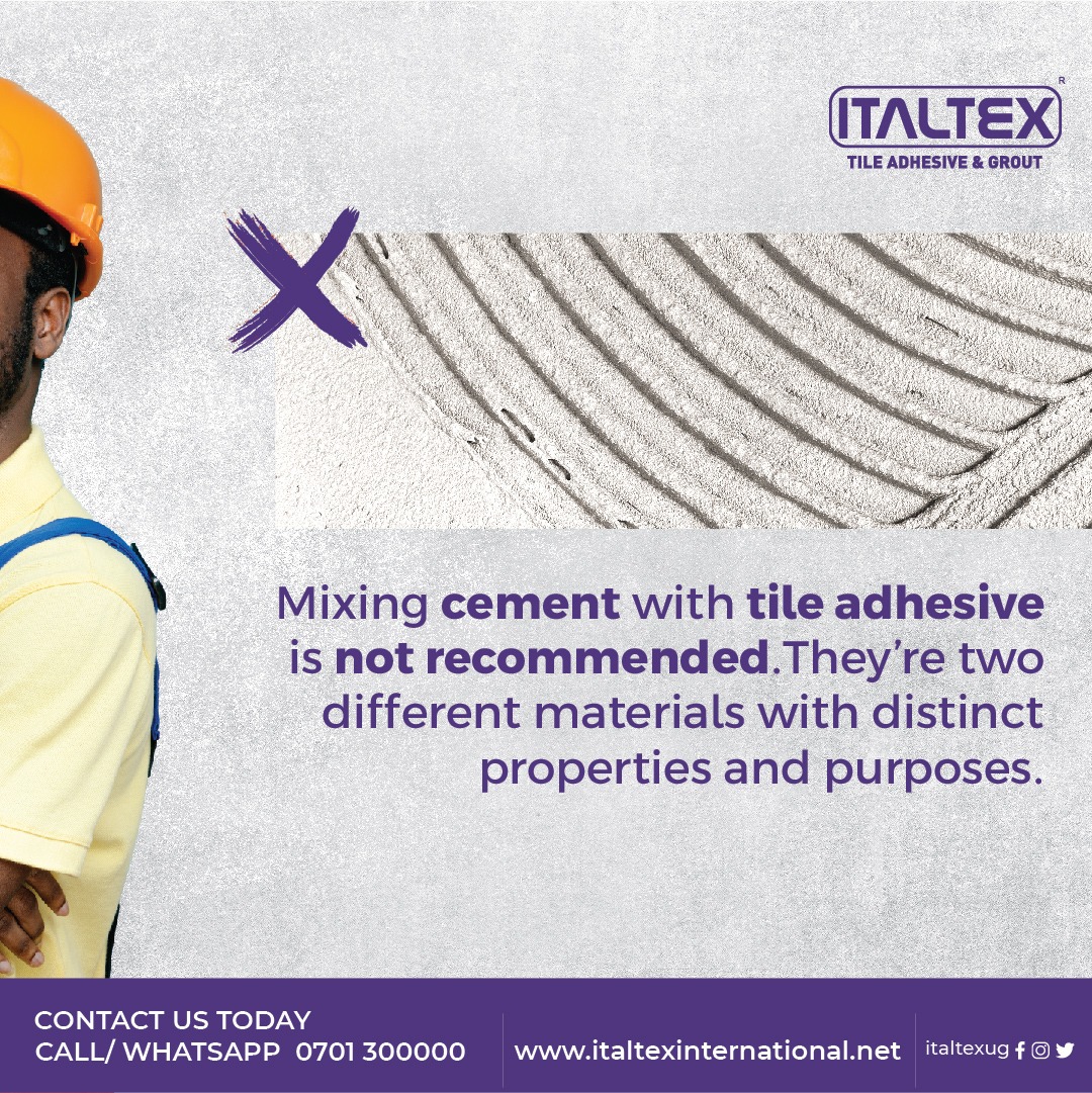 italtexug's tweet photo. Mixing #cement and #tileadhesive is not recommended due to fundamental differences in their formulations and purposes. Combining them can lead to compromised performance and longevity of your tile installation.

Here are reasons why👇

#italtex #italtexpremium #heavyduty https://t.co/jc9cVAbuwe