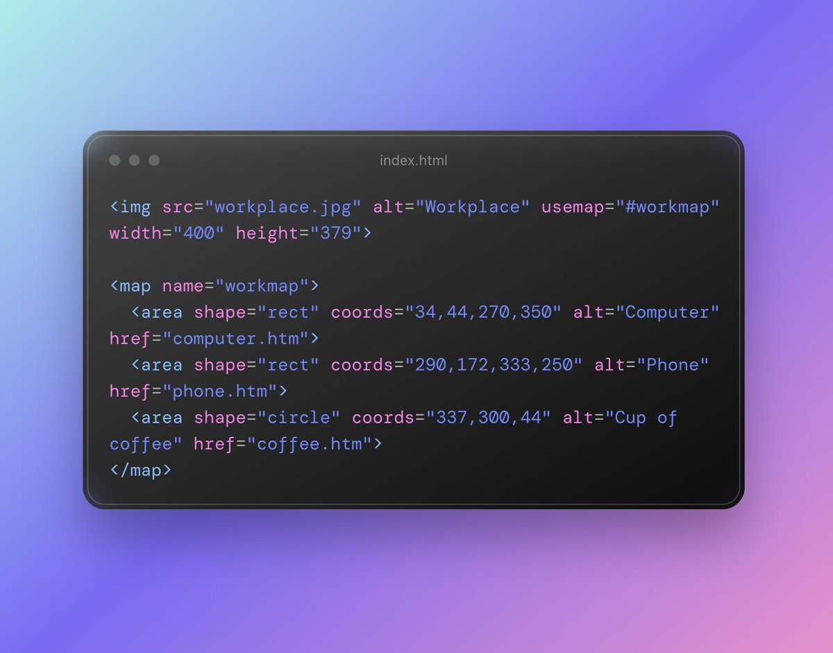 thisbutterfly's tweet photo. Ever tried?

HTML <img> usemap attribute.

An image map is an image with clickable areas which can be defined with one or more <area> tags.
It helps the browser perform different actions depending on where in the image you click. https://t.co/tZLKmR2mLm
