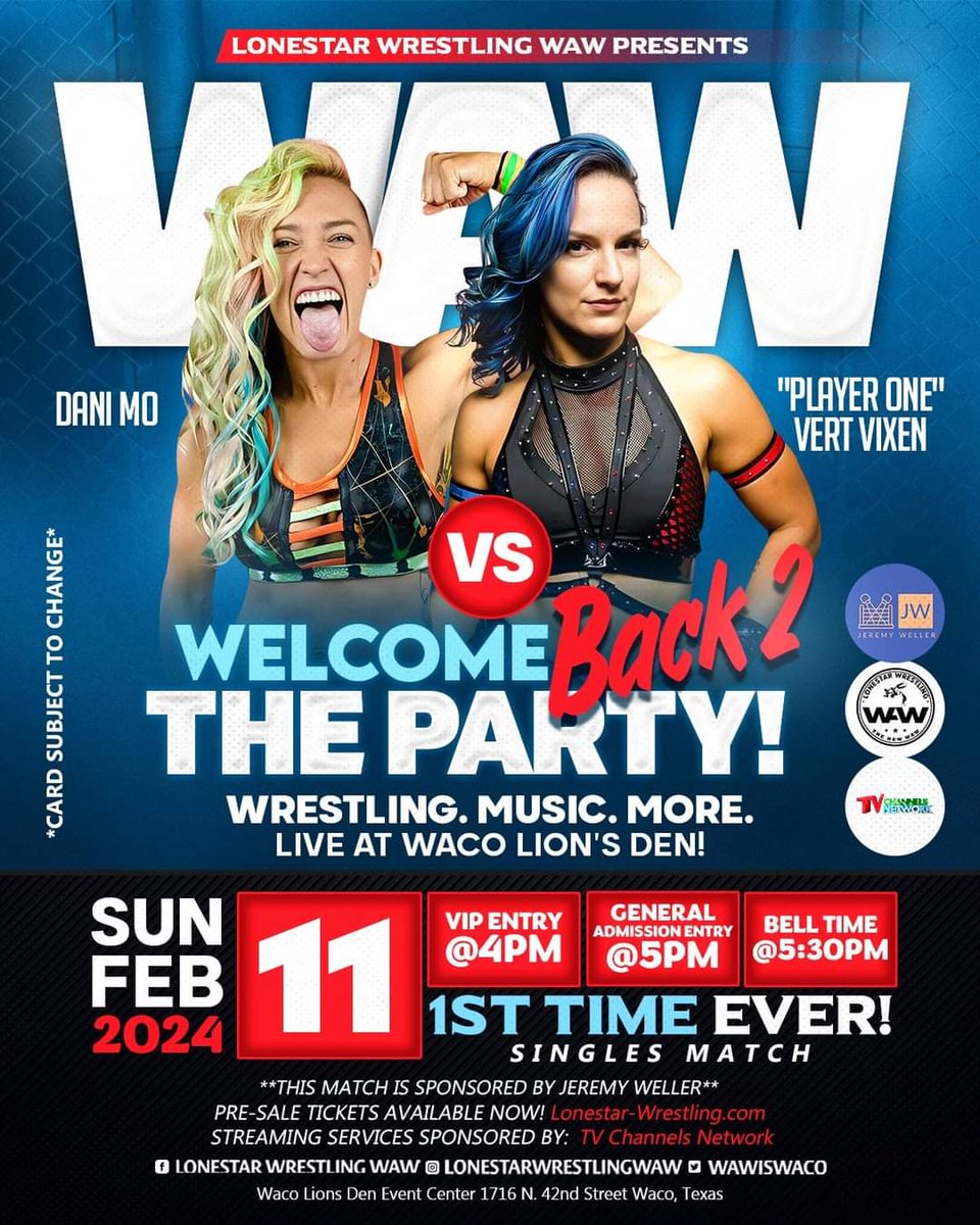 Come check out all of these ladies in hard hitting action, tonight!

Don't miss <a href="/WAWIsWaco/">LonestarWrestlingWAW</a>'s Welcome Back to the Party 2!

🎟: Lonestar-Wrestling.com 

#tonight #womenswrestling #prowrestling #indywrestling #texas #waco #championship #aew #wwe #sunday #njpw