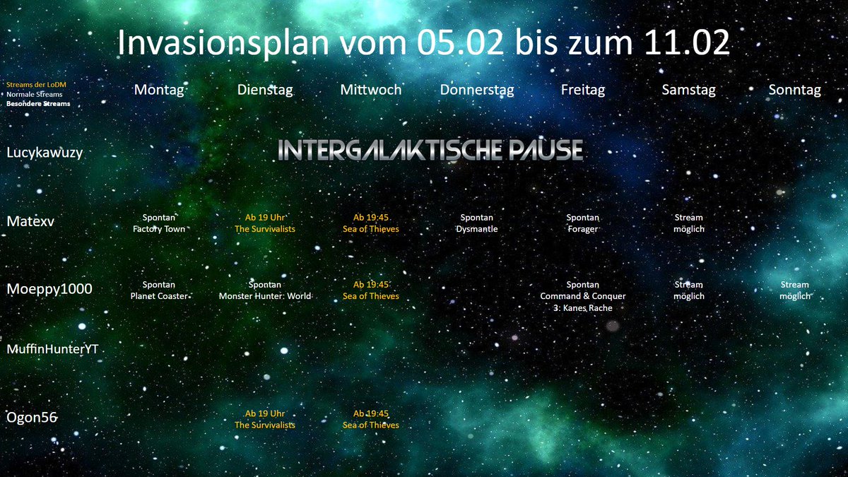 Lo_DarkMatter's tweet photo. Neue Woche, neue Streams! Während @Lucy16465933 noch in einer galaktischen Pause ist, freuen wir uns Dienstag auf das Überleben auf der einsamen Insel mit @Matex67507584 und @Ogon56. Am nächsten Tag wird @moeppy1000 unsere Kollegen von der Insel retten und auf dem See stechen! https://t.co/dtnbHk4g4J