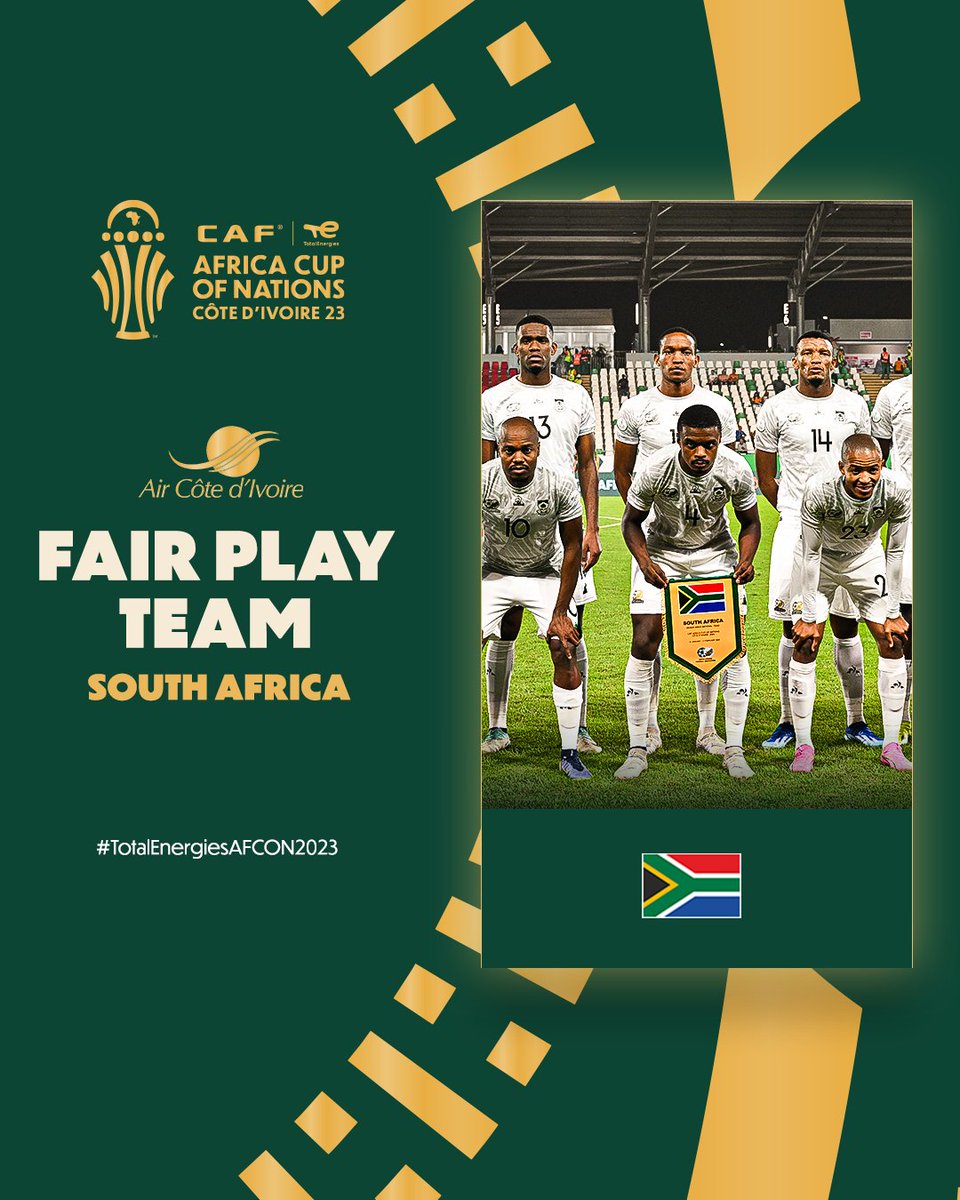 South Africa 🇿🇦

Bafana Bafana win the #TotalEnergiesAFCON2023 Air Côte d’Ivoire Fair Play Team award! 👏

<a href="/AirCI_Officiel/">Air Côte d'Ivoire</a>