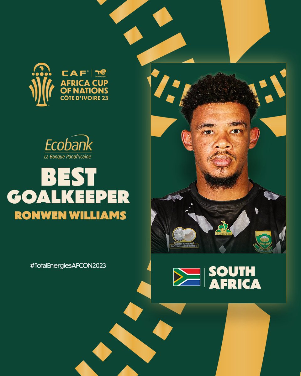 A savior for South Africa when needed 🧤

Ronwen Williams deservedly wins Ecobank Best Goalkeeper with a remarkable presence in #TotalEnergiesAFCON2023 🇿🇦

<a href="/GroupEcobank/">Ecobank Group</a>