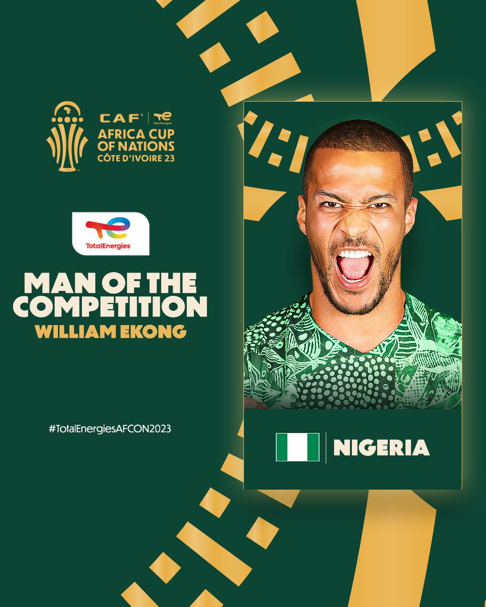 🌟 William Ekong 🌟

Ladies &amp; gentlemen, we present you the TotalEnergies 𝗠𝗮𝗻 𝗼𝗳 𝘁𝗵𝗲 𝗖𝗼𝗺𝗽𝗲𝘁𝗶𝘁𝗶𝗼𝗻! 🇳🇬

Incredible run with his nation concludes with the silver medal! 🥈 

#TotalEnergiesAFCON2023 | <a href="/Football2Gether/">Football Together</a>