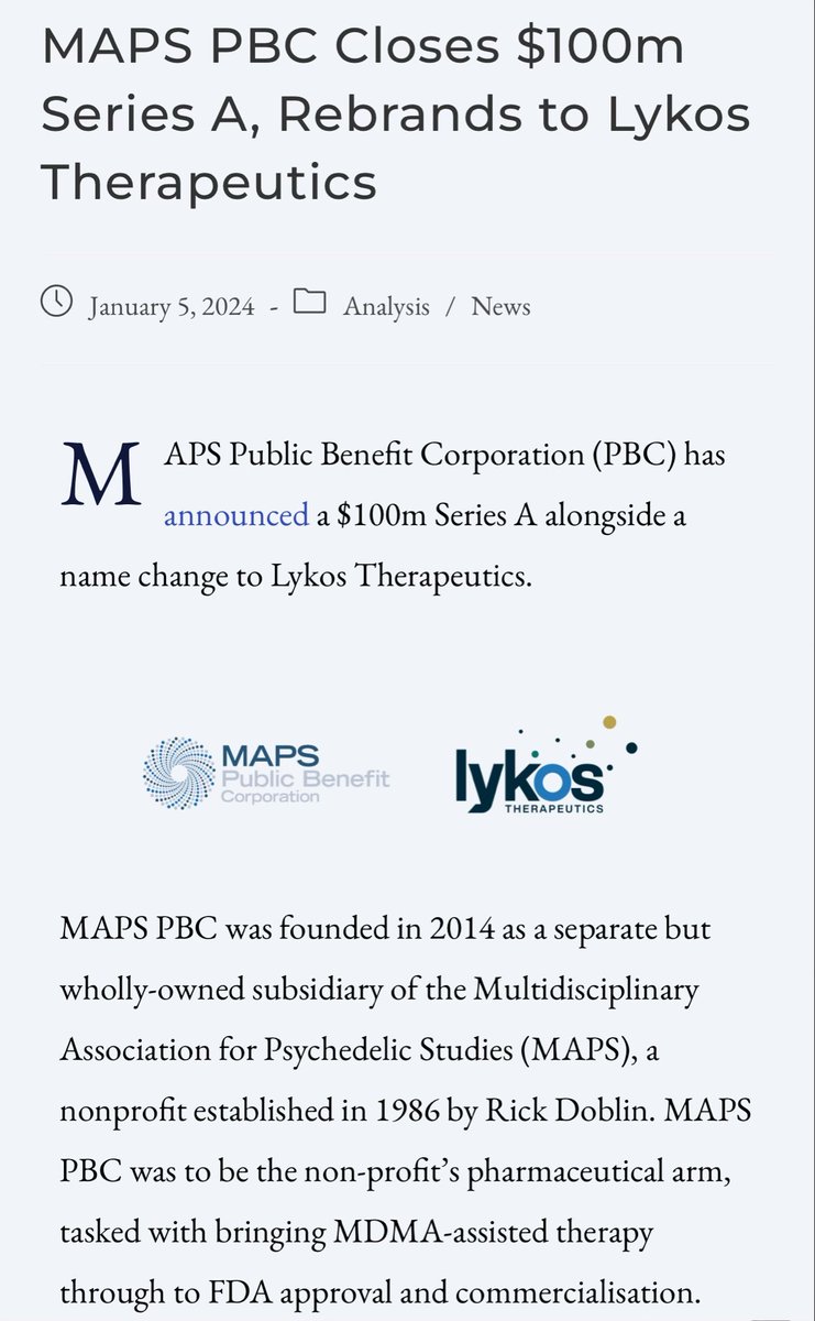 DueDoctor's tweet photo. MAPS, a non-profit, spun out a for-profit Lykos Therapeutics for their FDA decision which will be in 2024.

Their earlier results for MDMA (ecstasy) in PTSD are practice changing. 

There is a high likelihood of approval and already has breakthrough status. 

Upon approval =Psy🚀 https://t.co/AgOMuLOv3s