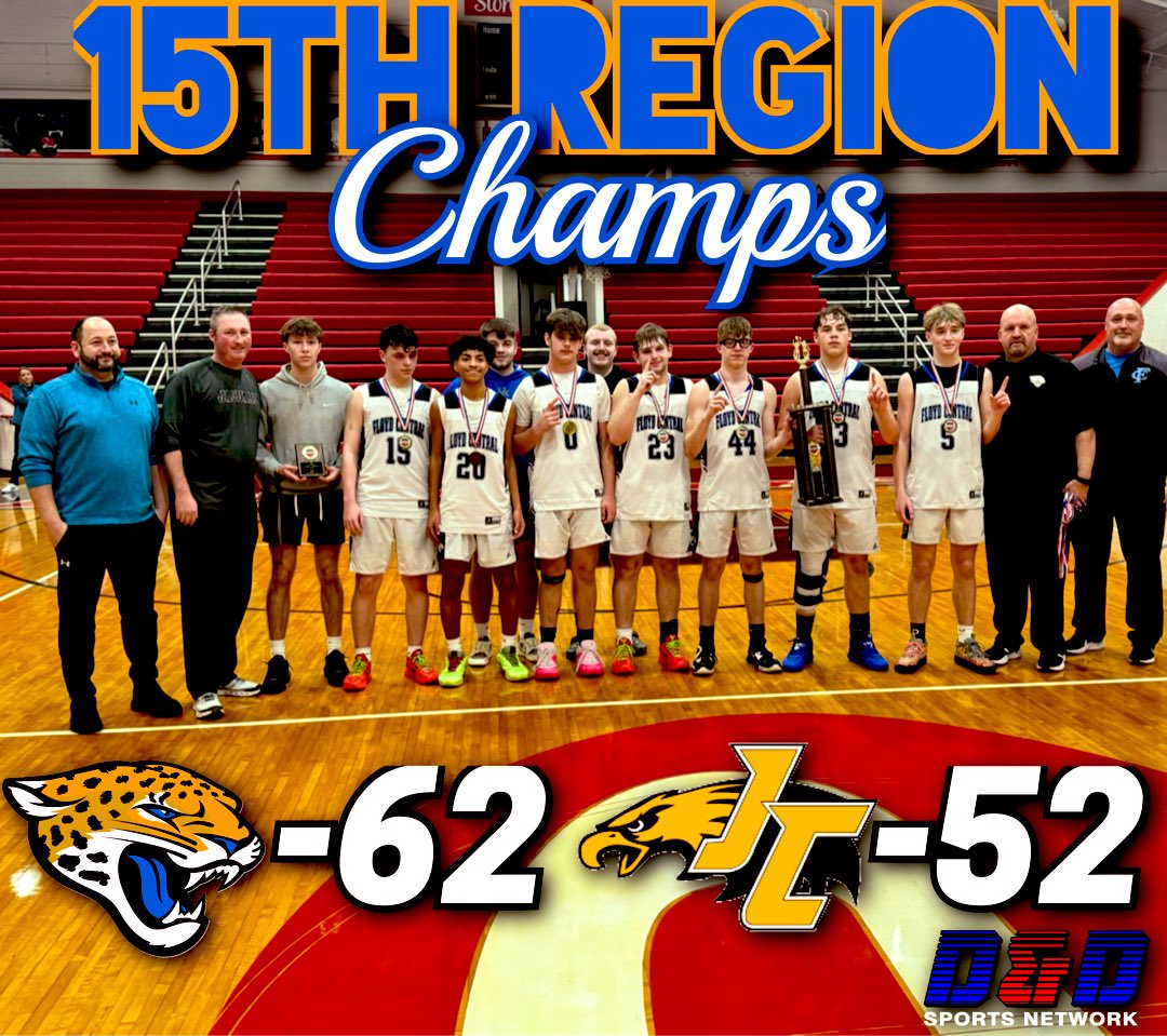 DDSportsNetwork's tweet photo. The 15th Region JV Tournament concluded a few minutes ago and it was Coach Scott Shannon’s and the Floyd Central Jaguars getting crowned Champions at the end. The Jaguars would defeat Isaiah May’s Johnson Central Golden Eagles in the Championship game, the final score was 62-52. Floyd Central sophomore Logan Meade was named “MVP” of the Championship game!!