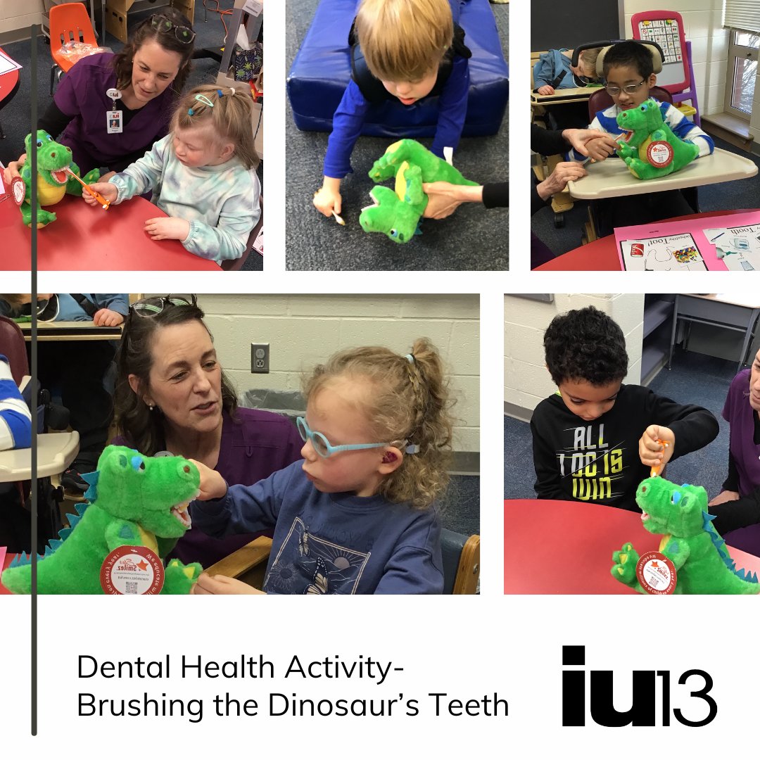 Students in Ms. Kurtz' class practiced correct brushing by brushing Dennis the Dinosaur's teeth! IU13 Heath Care Assistant, Jackie Aspland, fully engaged students in a dental health activity that produced lots of smiles and fun practice. #WorkWorthDoing