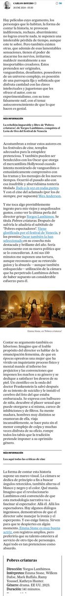 El puntito rojo de la crítica de Carlos Boyero a #PobresCriaturas en medio del mar de puntitos verdes del resto, me encanta. Una vez vista, le entiendo perfectamente. La única que he visto de Lanthimos que salgo del cine diciendo: "sin más"