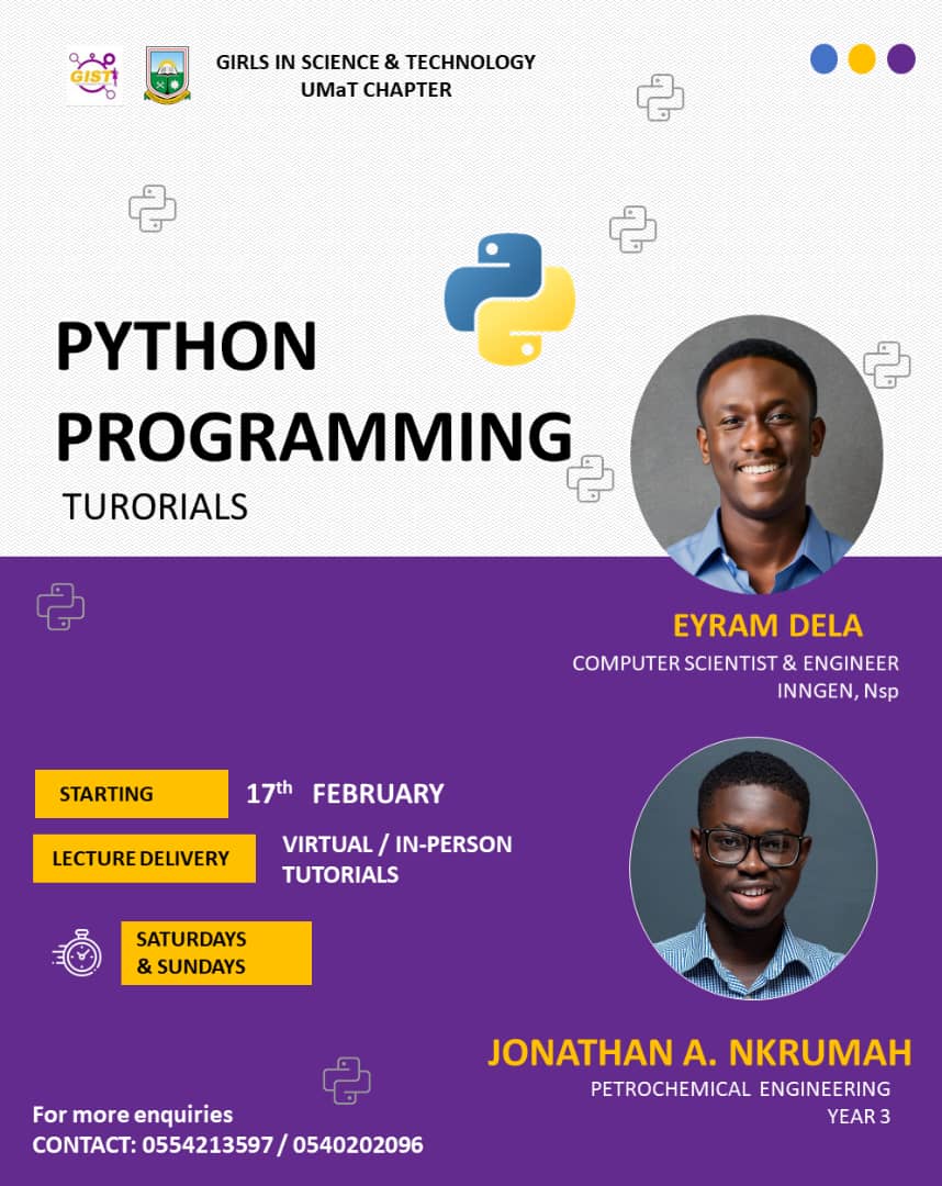 gist_umat's tweet image. *GIRLS IN SCIENCE AND TECHNOLOGY*
*(GIST-UMAT CHAPTER) PROGRAMMING TUTORIALS*

⚪🟡🟣⚪🟡🟣⚪🟡🟣⚪🟡🟣⚪🟡🟣⚪🟡🟣
 _Dive into the world of Python programming with GIST! 💻_ Our team of enthusiastic programmers is here to guide you through the basics and beyond
 *#GIST*