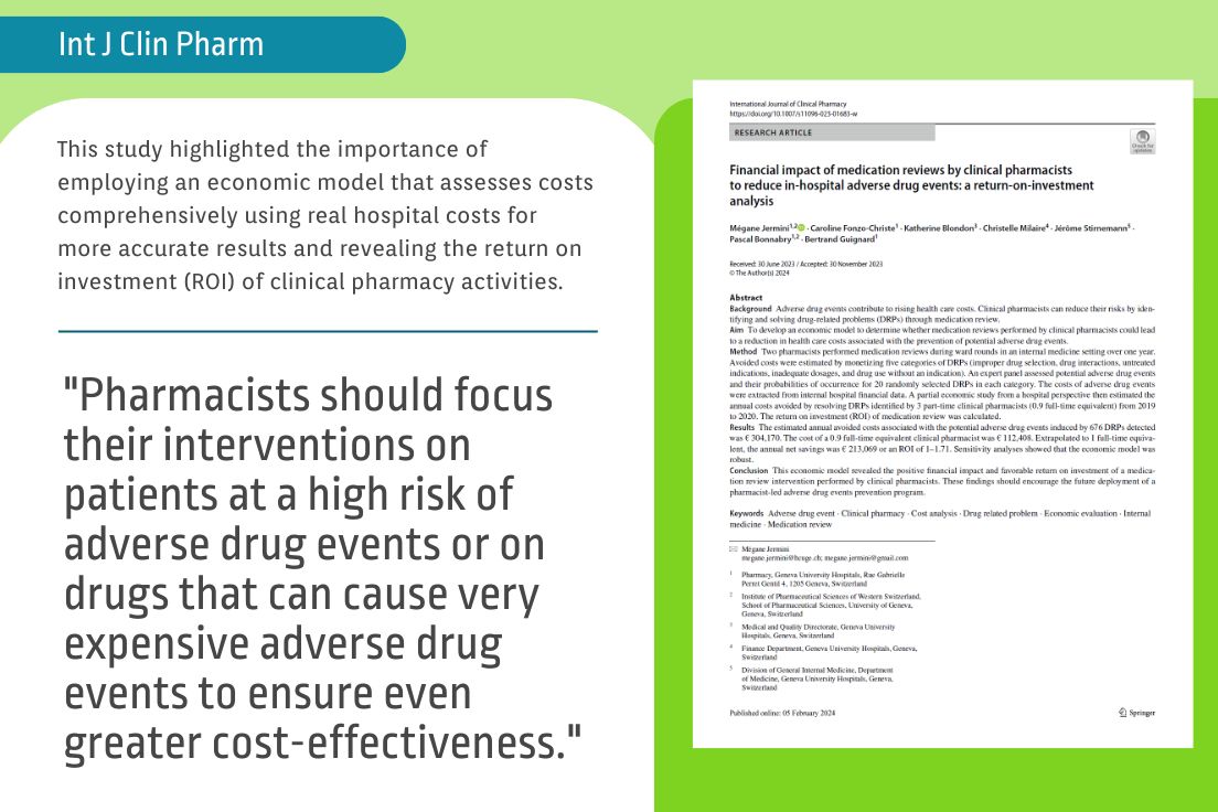 @FIP_HPS #Research Snapshot: A recent paper by Jermini and colleagues developed an #economic model showing #medication reviews performed by clinical #pharmacists have a positive financial impact and favorable return on investment. Full paper here: doi.org/10.1007/s11096…