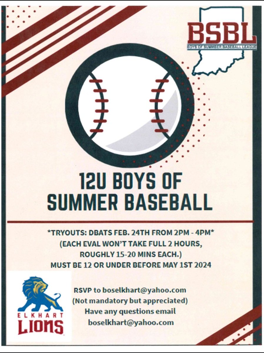 ⚾️12U Elkhart Lions 🦁
In addition to our middle school team, we will be fielding a 12U feeder team for this spring and summer.  See flyer below for tryout information.  Use email address in flyer for questions.