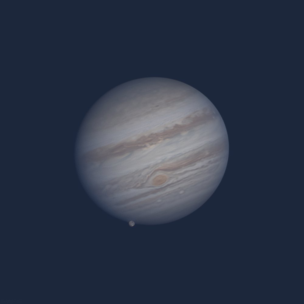 #Jupiter photographed 20 minutes before sunset today, with Ganymede beginning its transit across the southern hemisphere - some quite nice details given the current distance. Gotta love the twilight hue! #astrophotography #telescope