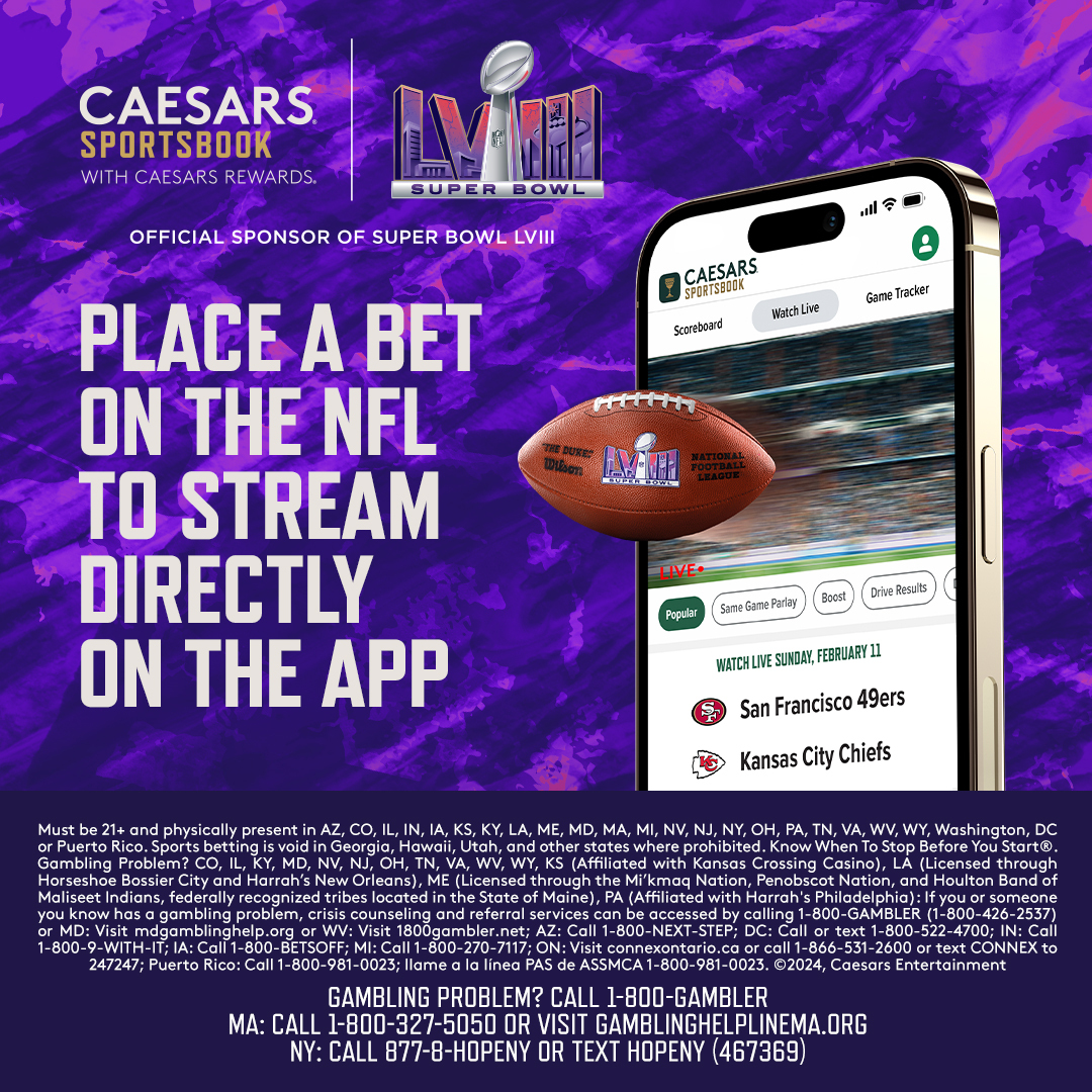 Place a bet on 49ers vs. Chiefs to stream the game directly inside the Caesars Sportsbook app 📲