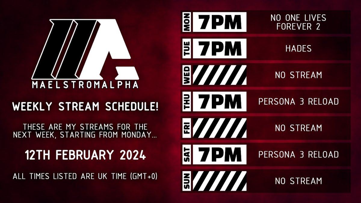 MaelstromALPHA's tweet photo. Here is my streaming schedule for next week! A double dose of P3R this week (and next!) as we fill in the game between my planned Thursday games!

#NOLF2, #HADES, #Persona3Reload

Come watch me live on #Twitch! @ https://t.co/BxdXuNqsYi https://t.co/3lEedDTavQ