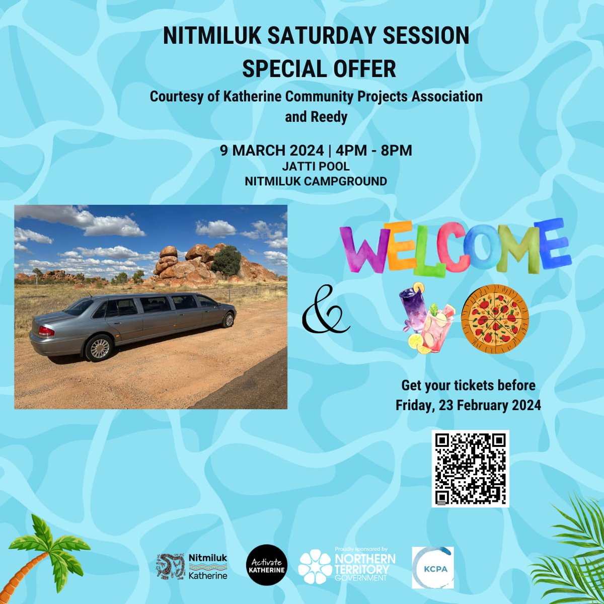 📸Purchase your tickets before Friday, 23rd February, and you and your friends (up to 9 people) could win a free return ride in a Limo from Katherine CBD to Jatti Pool plus a welcome package (2 drinks and a meal).
eventbrite.com/e/nitmiluk-sat…