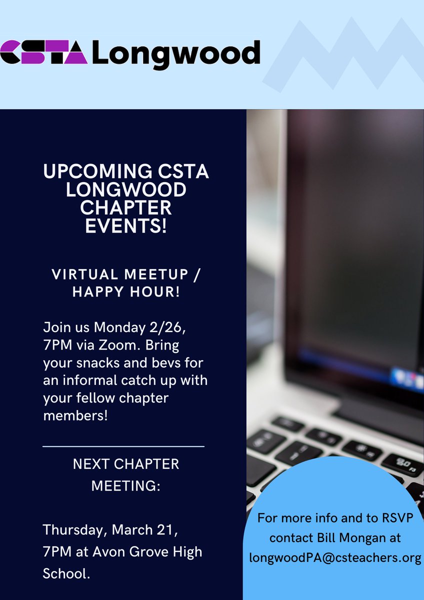Two upcoming chapter events! A **virtual** happy hour 2/26 7pm.  Then on 3/21 7pm, we'll have our regular chapter meeting at the Avon Grove High School.  Contact <a href="/BillJr99/">Bill Mongan</a> for more details, to RSVP, and for zoom links.  See you soon! <a href="/ShrakeTechnolo1/">Shrake Technology</a>