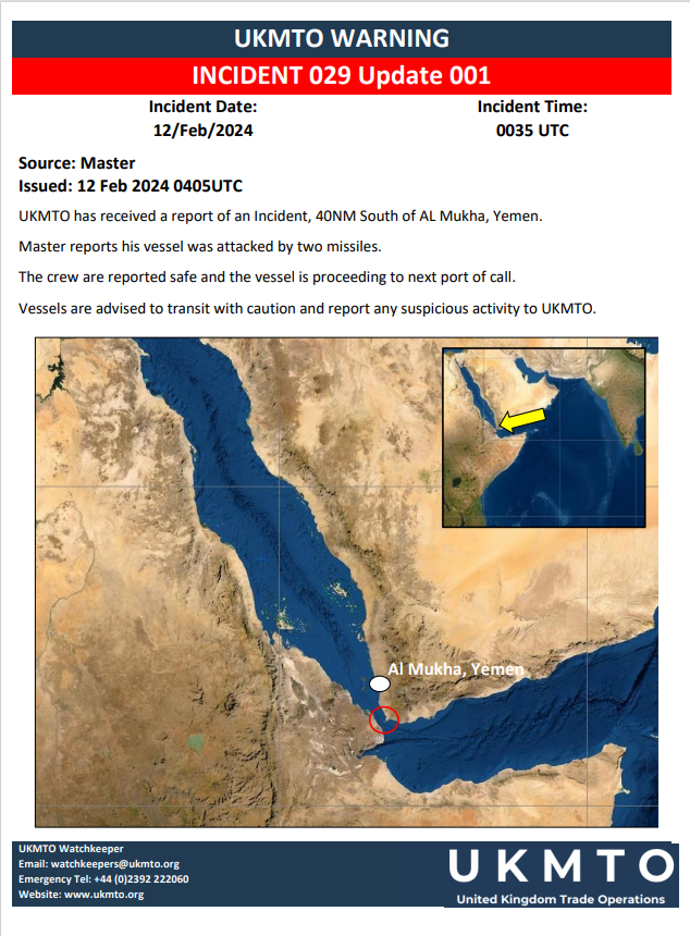 UKMTO WARNING INCIDENT 029 Update 001