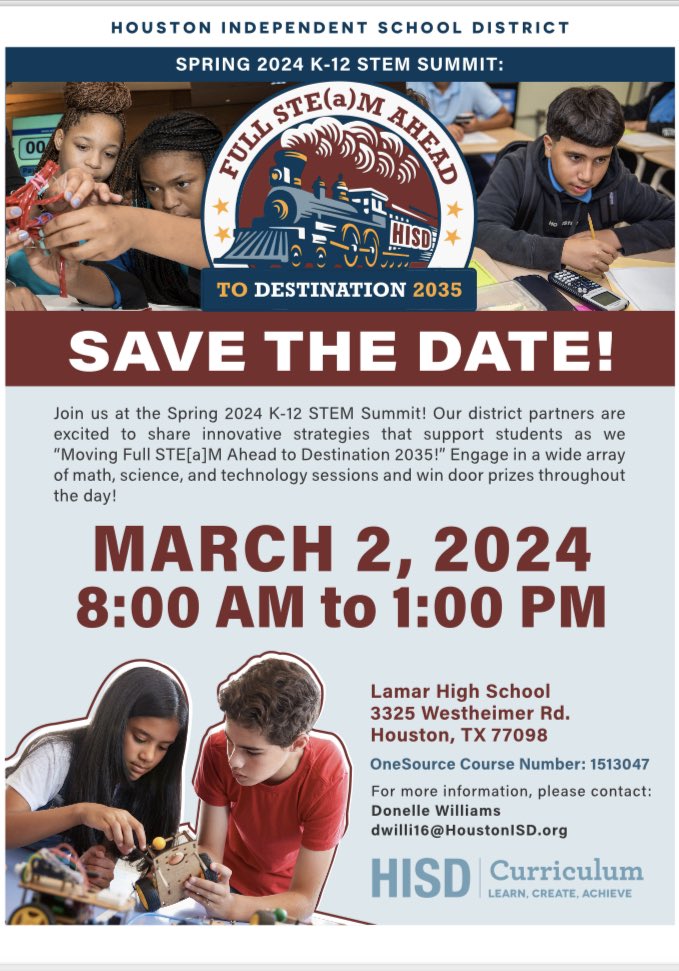 @HISD_CPD @TeamHISD K-12 Math and Science is hosting STE(A)M summit on March 2 from 8-1pm @LamarHS. Join us for free professional development, door prizes, food, hands on labs and activities. Don't miss out this huge opportunity!! 'Creativity is the secret sauce.' Come Explore!