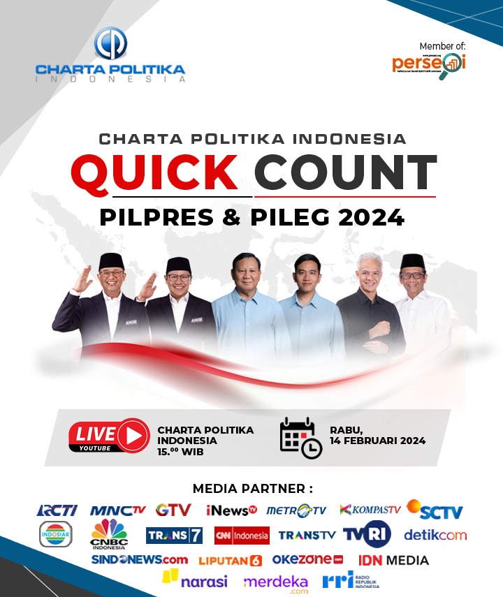 Charta Politika mengadakan Live Streaming Quick Count Pilpres &amp; Pileg 2024 di Akun Youtube kami.

Live Streaming akan diadakan pada hari Rabu, 14 Februari 2024 pukul 15.00 Wib

Simak penayangan kami di beragam media massa &amp; online yang tertera pada flyer.

<a href="/yunartowijaya/">Yunarto Wijaya</a>