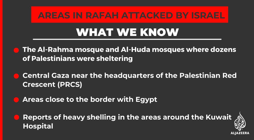 AJEnglish's tweet photo. The Palestinian news agency Wafa has more details on the areas of Rafah targeted by bombardment from Israeli warplanes and navy ships tonight.  

These include ⤵️ 

🔴LIVE updates: https://t.co/SwBDBpByuB https://t.co/aHsPQUTQD4