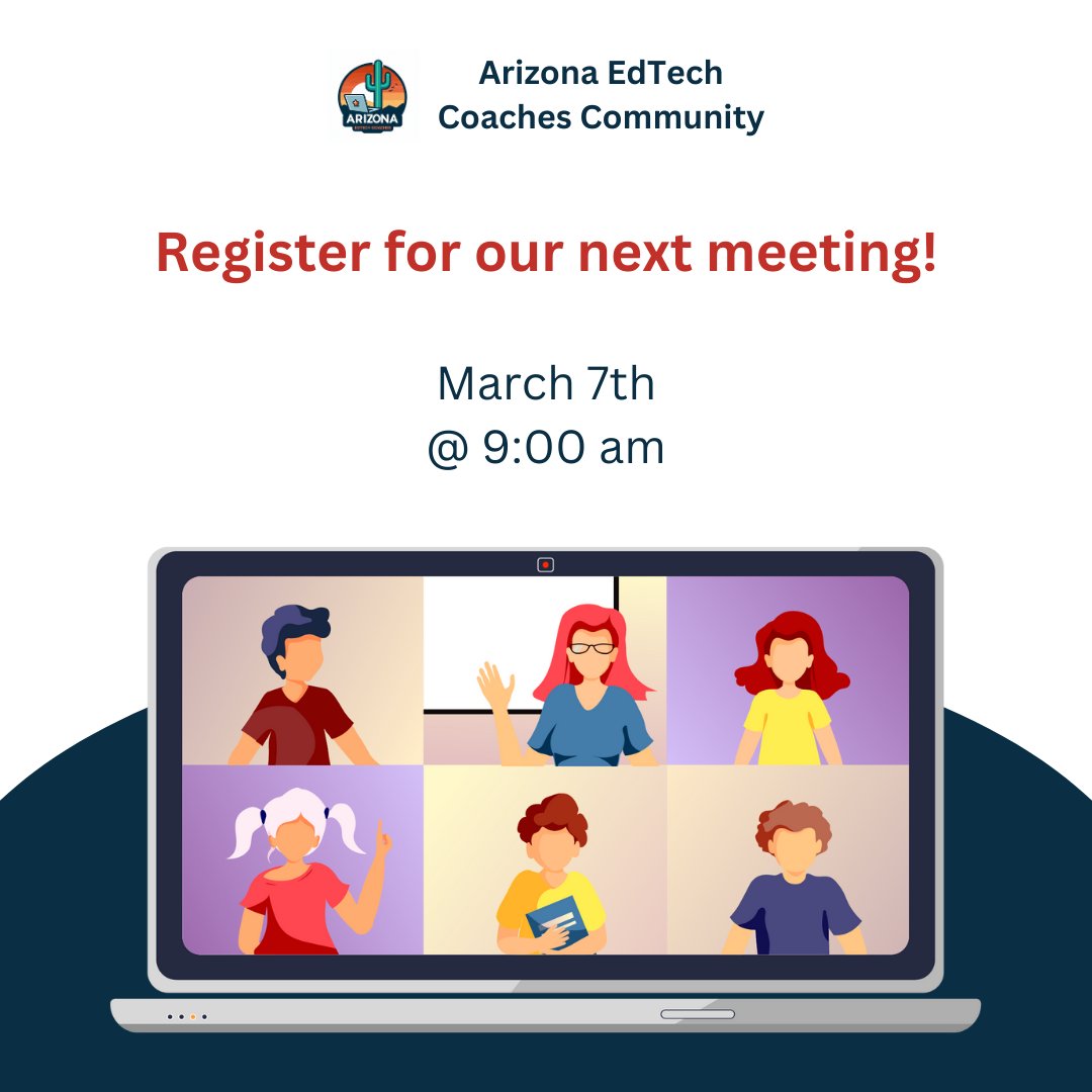 It’s time to register for our next #AZEdTechCoaches meeting!💻🌵 The link to register was emailed to the group. Thank you so much to everyone who already registered! We're so excited to see you! If you want to join, just fill out this short form: bit.ly/3RzoRMl #AzTEA