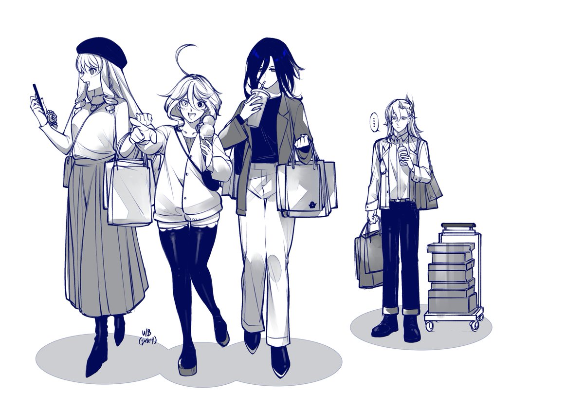 multiple girls long hair monochrome phone bag skirt pants  illustration images
