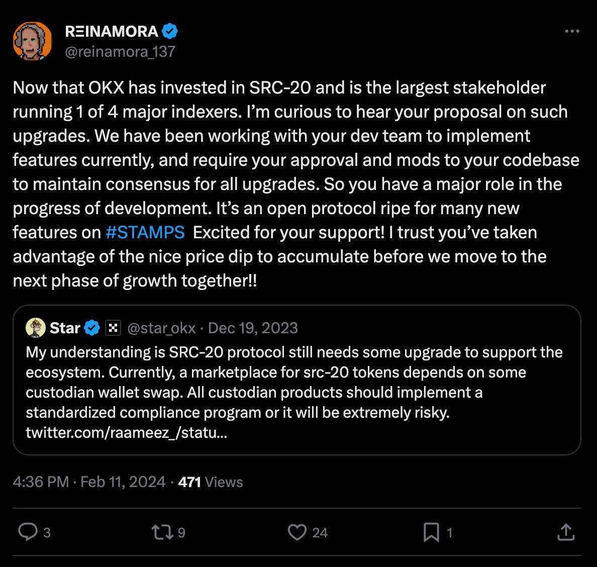 徐总，#SRC20 创始人说#OKX 在坐庄。请立即终止合作，自证清白，请严格遵守合规要求，谨慎选择合作方啊@star_okx @okxchinese  @okx @okxweb3 @OKX_Ventures @Cryptosis9_OKX