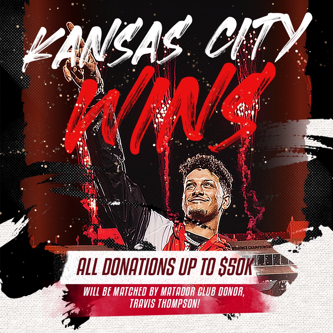 That’s our guy! A champion again. He knew how important this matching campaign was and got it done for the Matador Club. Congratulations @PatrickMahomes! All donations are matched at matadorclub.org/donate until 11pm.