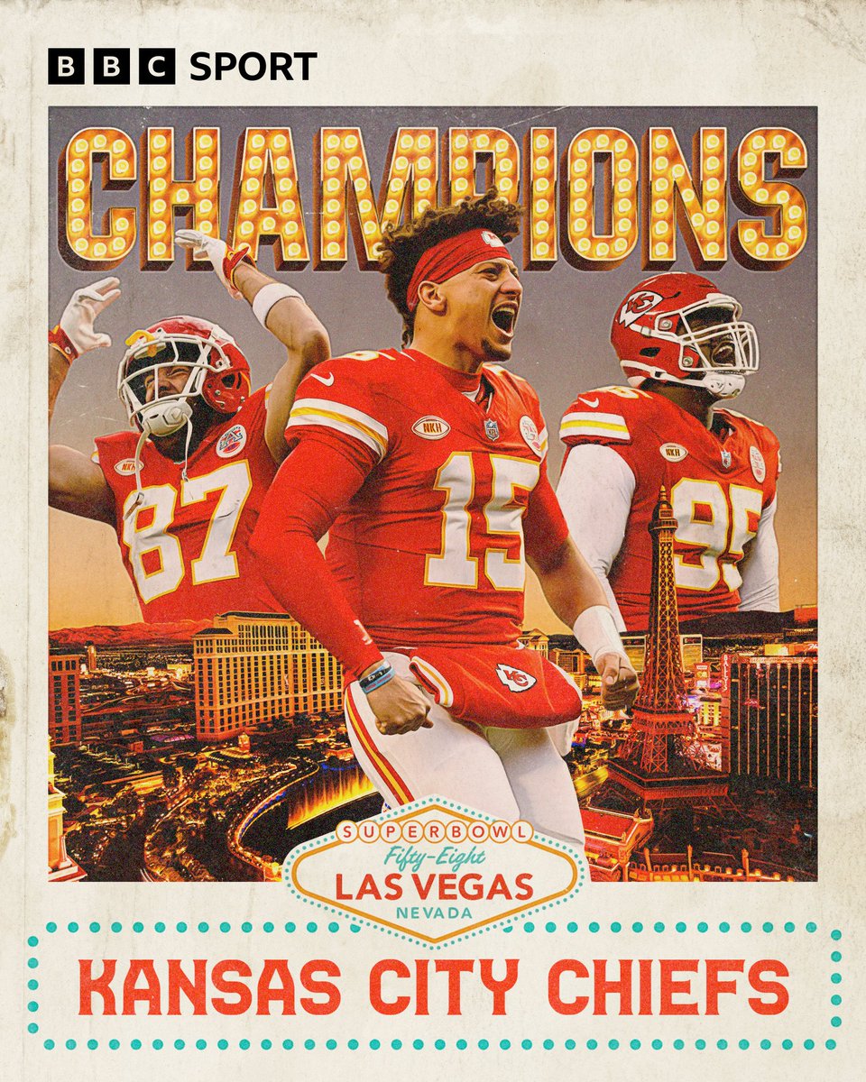 KANSAS CITY CHIEFS HAVE WON THE SUPER BOWL! 🏈🏆

Patrick Mahomes led the Chiefs to a 25-22 overtime victory against the San Francisco 49ers in Las Vegas.

#SuperBowl #BBCNFL