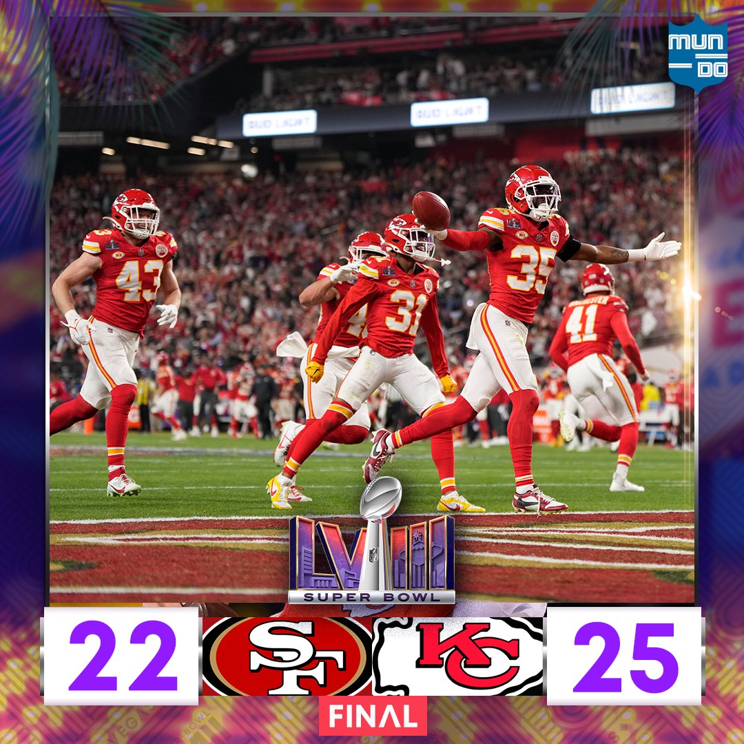MundoNFL's tweet photo. LOS CHIEFS SON BICAMPEONES 🏆🏆

Los de Mahomes y compañía resistieron para vencer en overtime a San Francisco.

#MundoNFL #ChiefsKingdom #SBLVIII https://t.co/qSAVdEDQA3