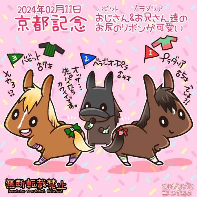 昨日の京都記念出走のバビット君とプラダリア君。 バビット君のお尻のリボンは知ってたけど、プラダリア君のイチゴの飾りは知らなかった。 可愛い。どっちも勝負服をモチーフにしとるのね。 「おっさんずラブ…リー」ってドラマタイトルをもじった親父ギャグ的なタイトルが浮かんだけどやめときます。