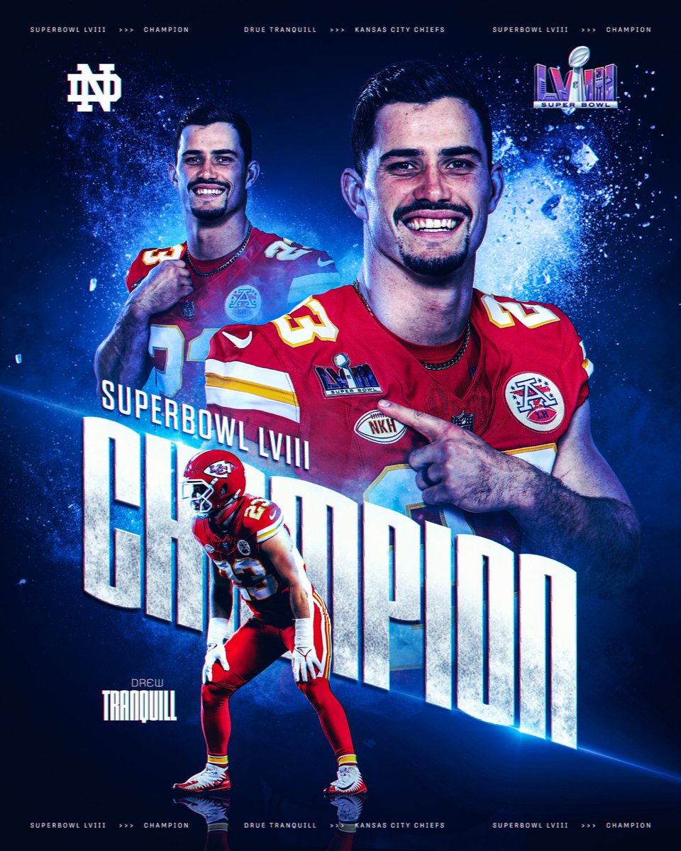 Super Bowl Champion, Drue Tranquill ☘️ Congrats @DTranquill and the @Chiefs #IrishInTheSuperBowl☘️
