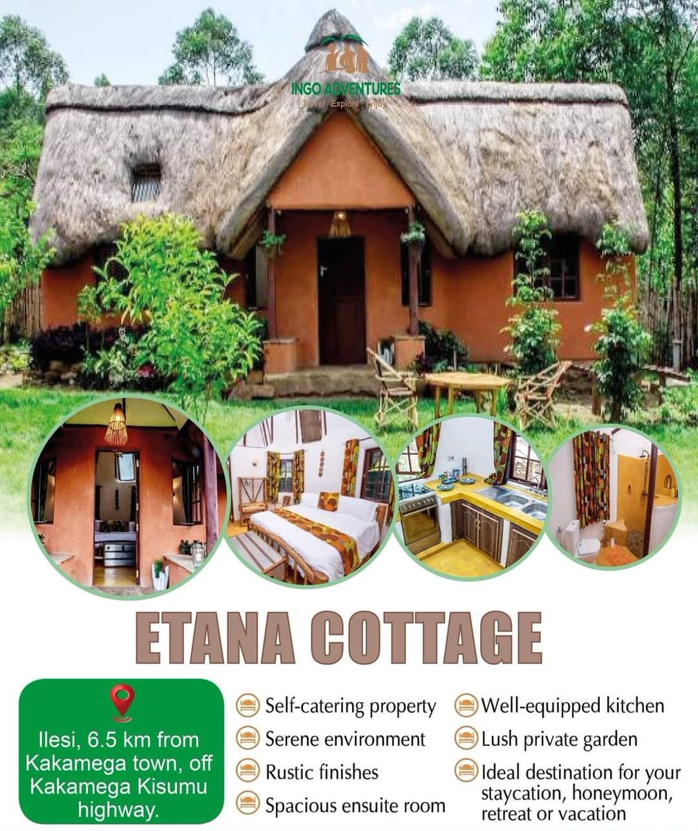 ETANA COTTAGE - KAKAMEGA 
▪️Self-catering property 
▪️Serene environment
▪️Rustic finishes
▪️Spacious ensuite room 
▪️Well-equipped kitchen 
▪️Lush private garden
▪️Ideal destination for your staycation, honeymoon, retreat or vacation

#VisitWesternKenya #TwendeWestern