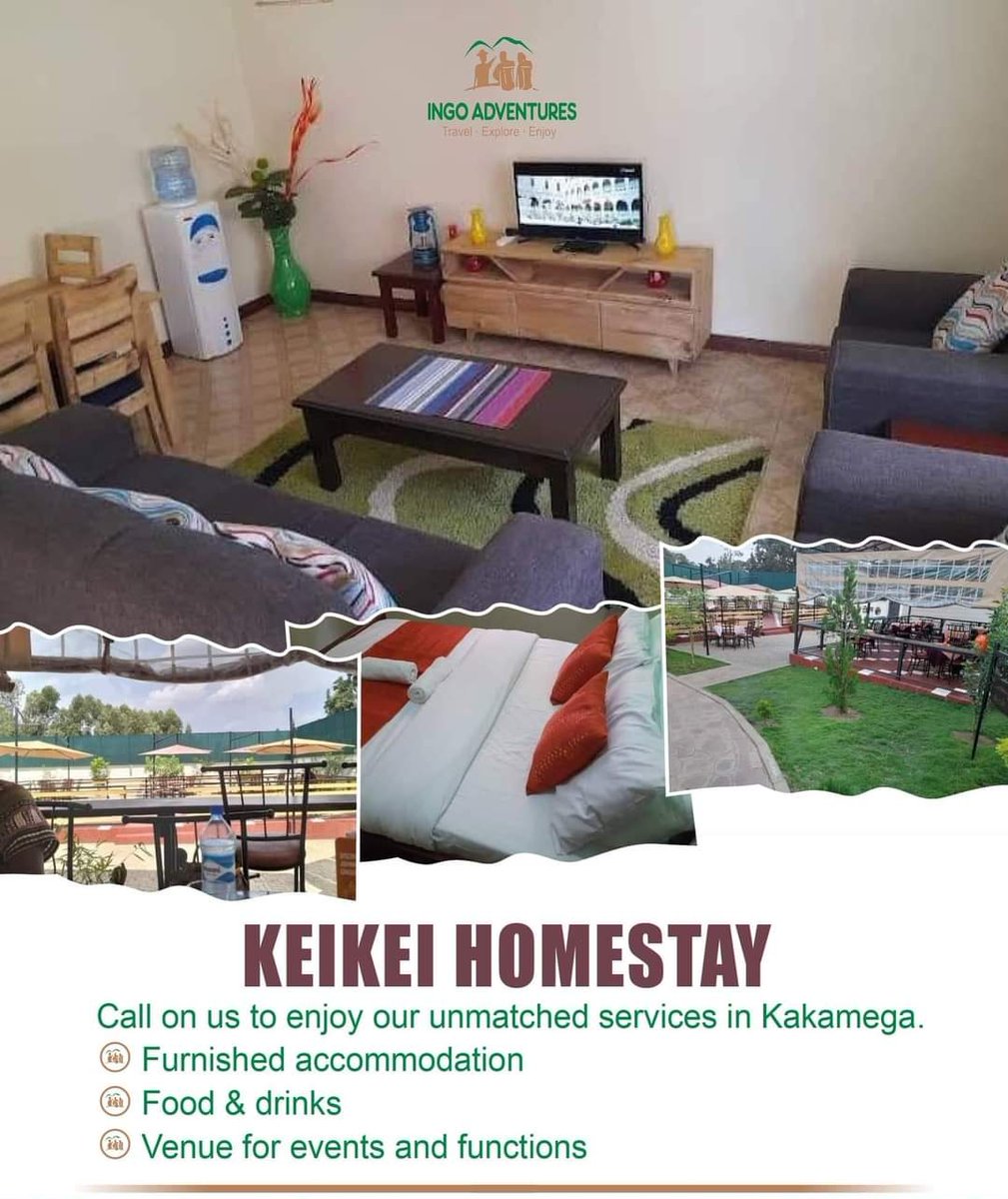 Call on us to enjoy our unmatched services in Kakamega.

▪️Furnished accommodation 
▪️Food & drinks
▪️Venue for events and functions

📌 KEIKEI HOMESTAY - KAKAMEGA 
#VisitWesternKenya #TwendeWestern #hospitality 
#travel #explore #enjoy #Kakamega #Tourism